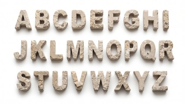 Stone texture alphabet A-Z. Beige carved block letters with a rough, weathered surface arranged in 3 rows on a white background.