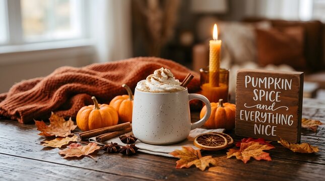 Cozy autumn still life with pumpkin spice latte, candles, and fall leaves on a rustic wood table