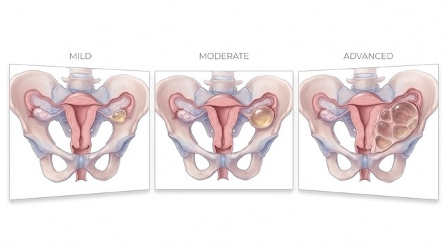 Comparative medical illustration of female reproductive system pathology and ovulation with human anatomy ovarian cyst ovulation
