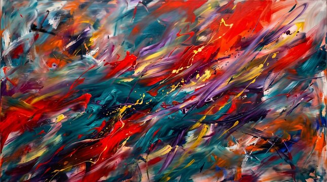Vibrant abstract oil painting featuring bold strokes of red blue and yellow creating a dynamic and energetic textured artistic background