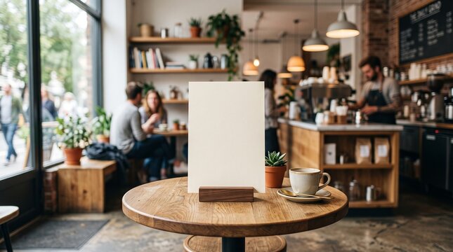 A blank paper menu mockup on a wooden table beside a coffee cup inside a warm, bustling coffee shop interior