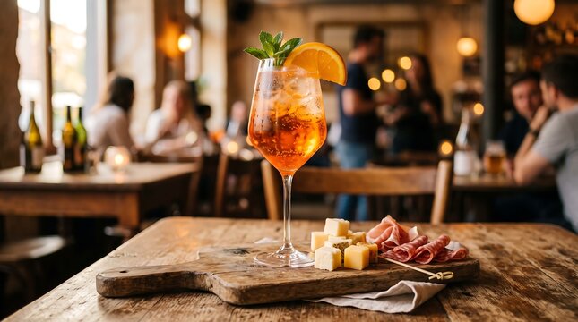 A refreshing orange aperol spritz cocktail served with a delicious charcuterie board on a rustic wooden table in a bar