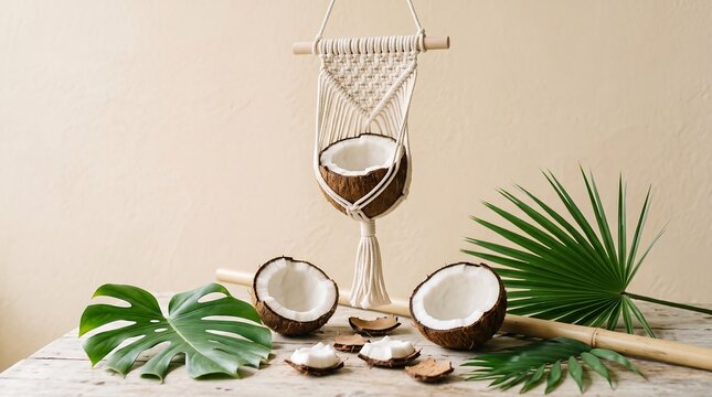 A beautiful macrame plant hanger holding a coconut shell with tropical palm leaves on a neutral background for summer decor