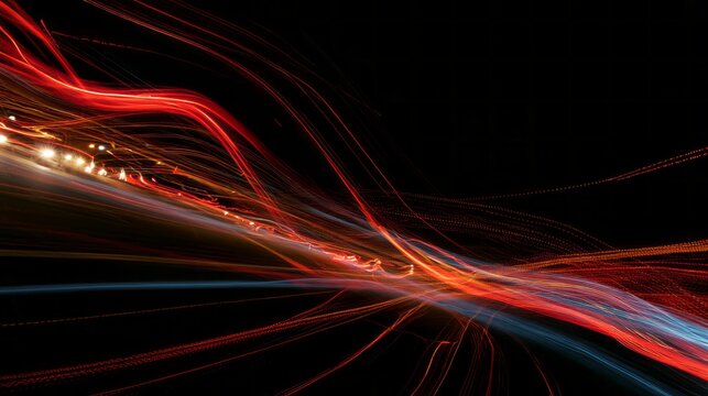 Nighttime car lights creating vibrant abstract light trails, long exposure traffic motion with glowing streaks, dynamic urban road illumination, cinematic speed and movement background
