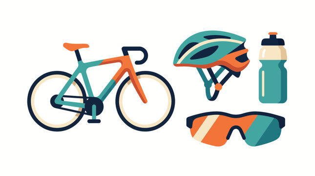 Set of cycling equipment including a road bike helmet water bottle and sports sunglasses.