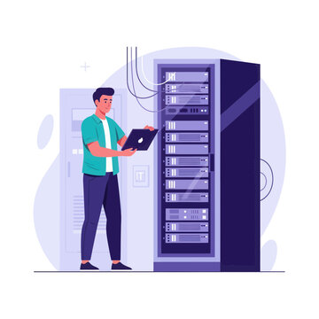 IT professional working with server rack in data center, vector illustration