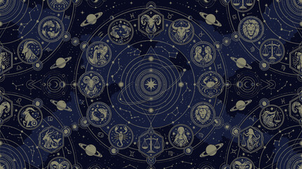 Cosmic geometric zodiac pattern, realistic vector zodiac animals and symbols arranged with planetary rings, geometric circles, constellation networks, stars and abstract angular shapes, deep celestial © Maftuh