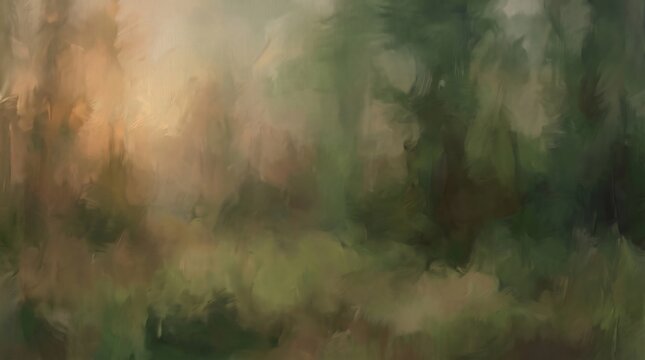 A serene and atmospheric forest scene featuring soft golden sunlight filtering through the dense green canopy of ancient trees