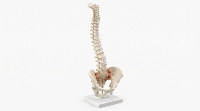 Anatomical model of the human spine and pelvis on a display stand with vertebral column skeletal system bone anatomy human body