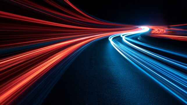 Long exposure light trails of high speed vehicles on a dark highway at night, dynamic glowing motion blur, modern transportation, urban roadway, fast travel and futuristic traffic concept