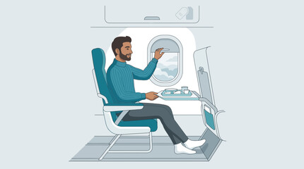Obraz premium Man in airplane seat looking out window, travel illustration