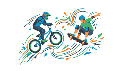 Fototapeta premium Extreme sports concept, BMX bicycle, skateboard, helmet, protective gear and energetic motion lines, clean flat vector, large negative space, copy space, commercial stock illustration, white backgroun