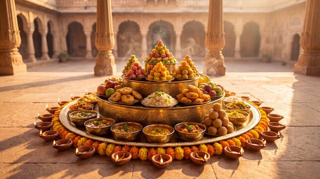 Govardhan Puja Annakut Food Offering with Indian Sweets, Fruits, Grains and Diyas