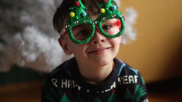 Christmas holiday. Portrait of cute child wearing funny Christmas eyeglasses at home