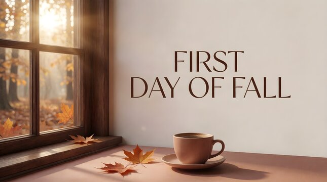 First day of fall autumn concept with coffee cup, maple leaves and cozy window sunlight on wall background