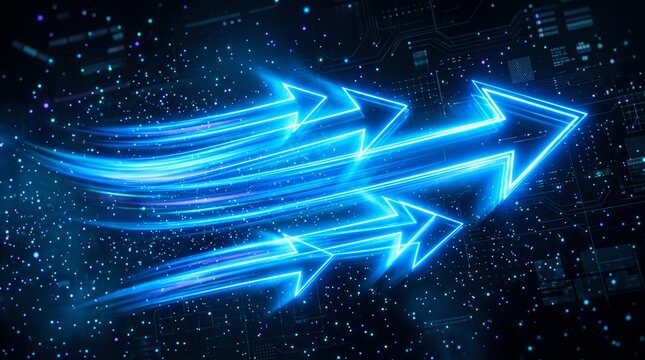 Electric blue arrows pointing forward over futuristic digital circuit background with Bright glowing arrows indicate direction progress high tech digital environment