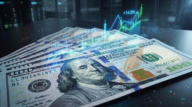 Holographic financial chart overlay on hundred dollar banknotes with Digital performance chart overlays currency bills showing percentage increases upward trends