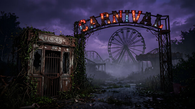 Abandoned carnival entrance with ferris wheel and roller coaster in a misty, eerie, dark landscape