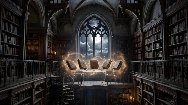 Magical floating books in a dark gothic library with a full moon shining through a large window