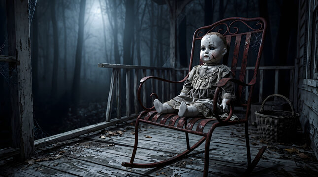 Creepy vintage doll sitting on a rusted rocking chair on a dark, foggy porch at night