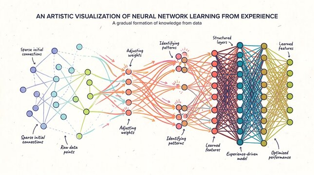 Artistic visualization of neural network learning from experience diagram.