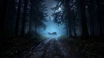 Fototapeta premium Horsedrawn carriage traveling through a dark, foggy, and mysterious forest at night under the moonlight