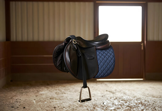 Equestrian sports and horse riding equipment, professional leather saddle with blue quilted pad floating in a stable for training and competition