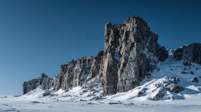 Rugged Snow-Covered Mountain Peaks Against Clear Blue Sky
