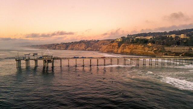 Aerial vie of La Jolla Beach at sunset,  San Diego, CA.