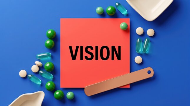 Red square block with vision text among office supplies on blue