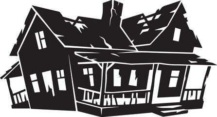 Naklejka premium Haunted wooden house with severely slanted walls, crooked porch and broken roof, solid black silhouette, isolated on white background, simple architectural shape