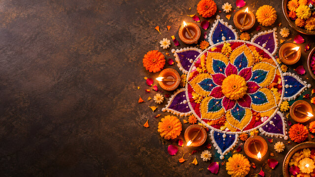 Colorful Diwali rangoli with diyas and marigold flowers top view