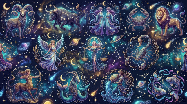 Fantasy zodiac constellation pattern, realistic vector zodiac animals and mystical figures surrounded by cosmic stars, planets, moons and magical celestial ornaments, detailed fantasy vector illustrat