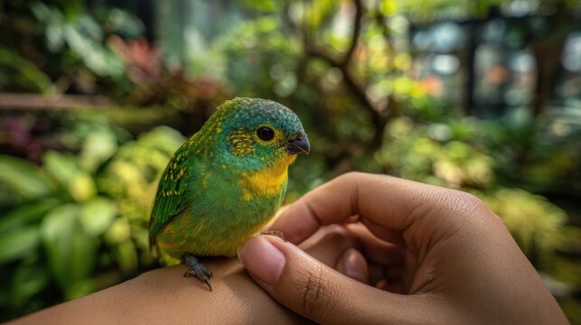 Small green and yellow parrot with vibrant plumage perching on a human hand in lush green foliage