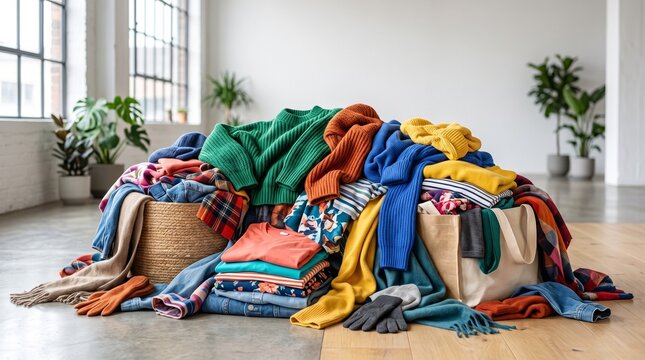 Clothing donation pile, Colorful pile of folded and stacked clothes in a modern bright living room  