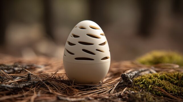 Smooth white ovoid environmental sensor pod rests on forest floor amidst pine needles and moss