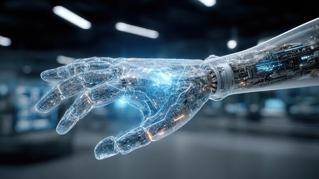 Transparent robotic hand with glowing blue circuitry demonstrating advanced AI technology and futuristic innovation
