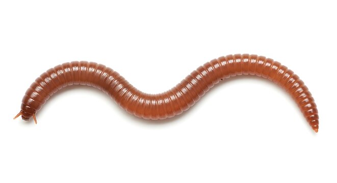 Earthworm crawling on a white surface, segmented body and visible setae