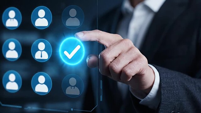 Businessman selecting a candidate from a digital interface with multiple user icons.