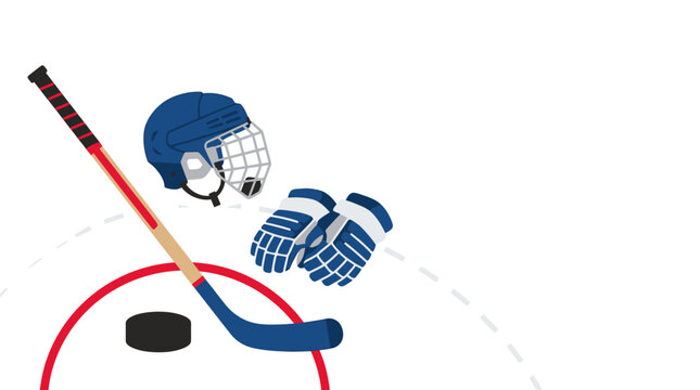 Hockey sports concept, hockey stick, puck, helmet, gloves and ice rink elements, clean flat vector, large negative space, copy space, commercial stock illustration, white background, balanced composit