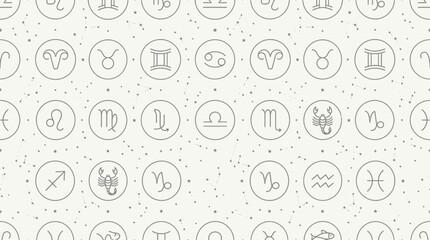 Fototapeta premium Minimal geometric zodiac seamless pattern, twelve simple zodiac symbols, thin circular lines, tiny constellation dots and subtle stars, clean realistic vector illustration, generous negative space, mo