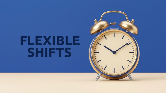 Flexible shifts text beside a beige alarm clock on a blue background