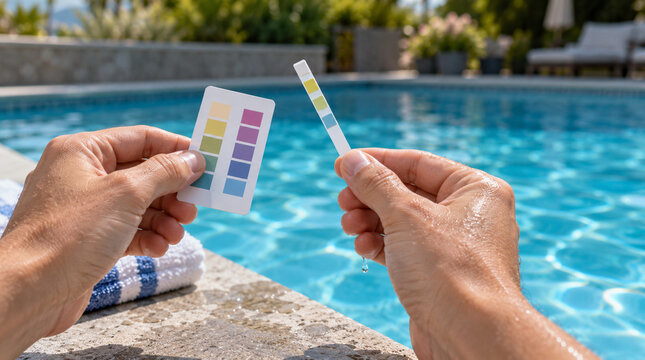 Mano comprobando cloro mediante tira reactiva junto piscina
