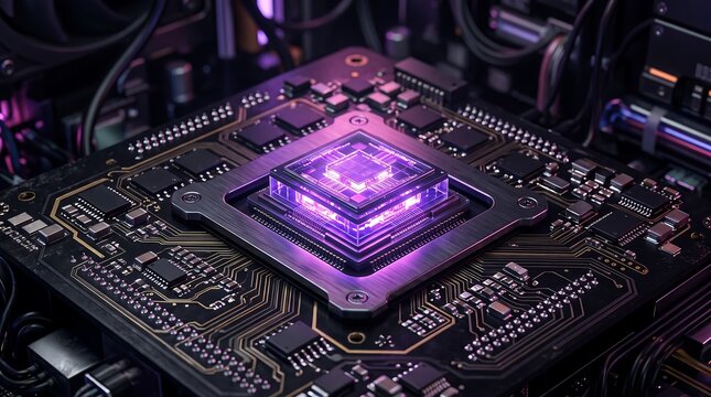 Glowing central processor unit on a modern motherboard with purple lighting.