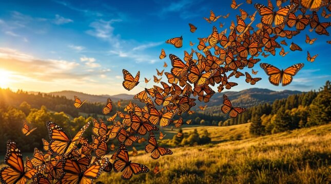 Monarch butterflies mimicking bird
migration, Monarch butterflies migrating across a sunny meadow at sunrise  