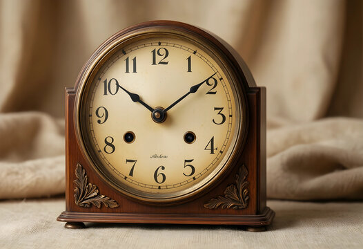 Time management and deadline pressure, vintage wooden mantel clock on a textured fabric background punctuality and business efficiency