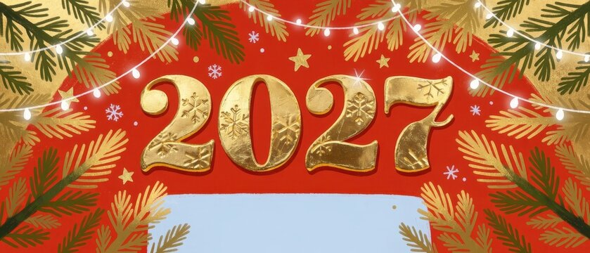2027 gold numbers with festive pine branches and glowing fairy lights, New Year celebration greeting card background, holiday party invitation banner