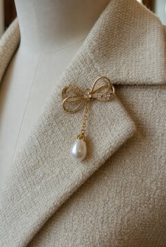 Gold bow brooch with crystal accents and hanging pearl pendant pinned to a beige textured tweed jacket for classic vintage inspired fashion styling
