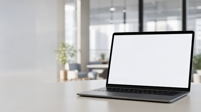 Modern laptop with blank white screen on desk in bright contemporary office, workspace for business communication and digital interface demonstration