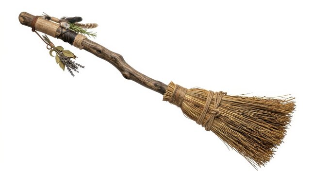 Handcrafted witch broomstick with feathers, dried herbs, and rope binding, isolated on white background, traditional halloween decoration prop